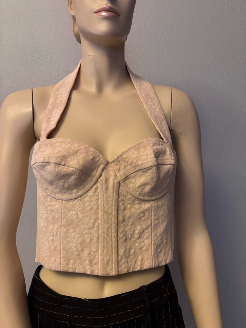 John Galliano Cream Halter Bustier Top with Leather Logo